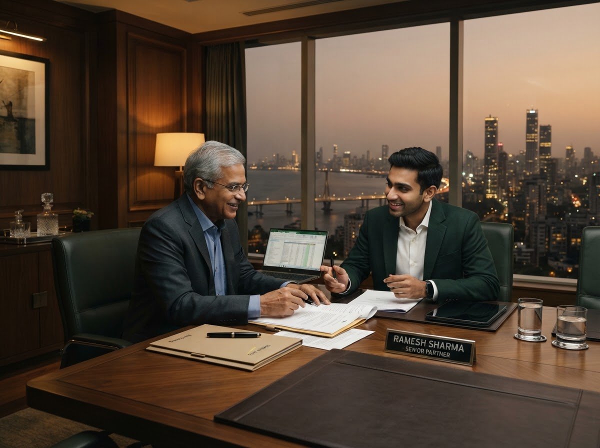 High-end boardroom consultation overlooking Mumbai skyline